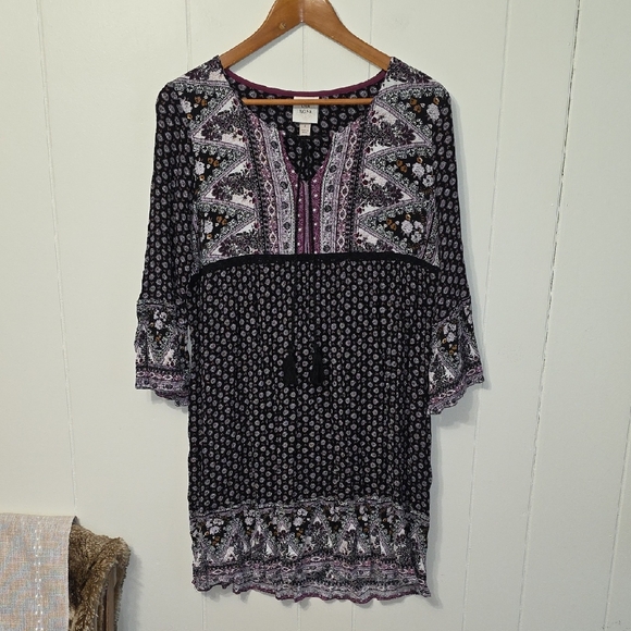 Knox Rose Dresses & Skirts - Knox Rose Purple and Black Patterned Tunic Dress Womens L Boho Western Flowy EUC